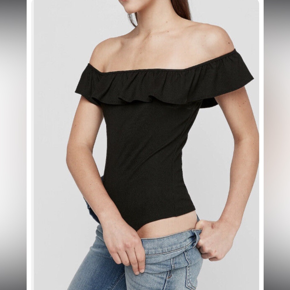 Express Ribbed Ruffle Off The Shoulder Thong Bodysuit